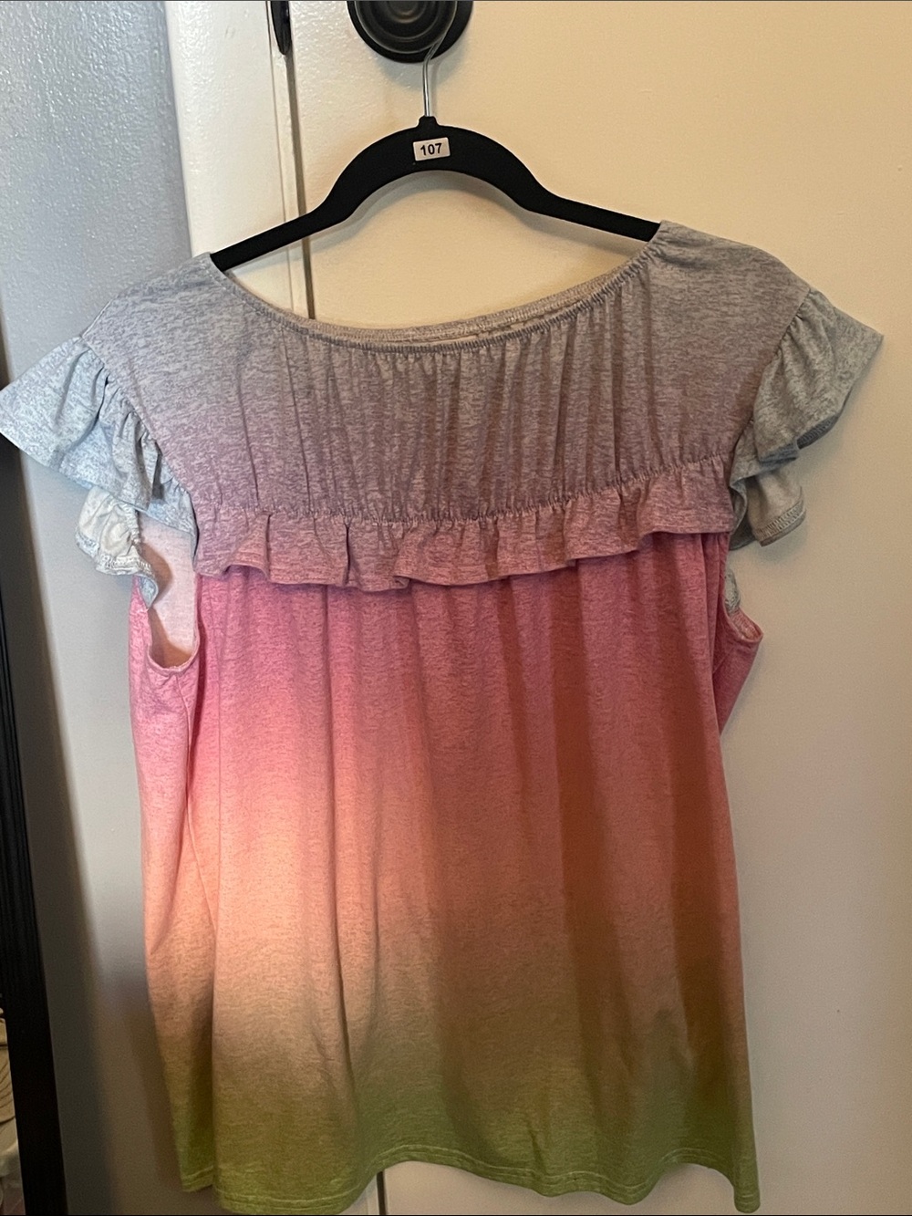 LuLaRoe Stasha Women’s Ombre Ruffle Sleeve Top - Grey, Pink & Green